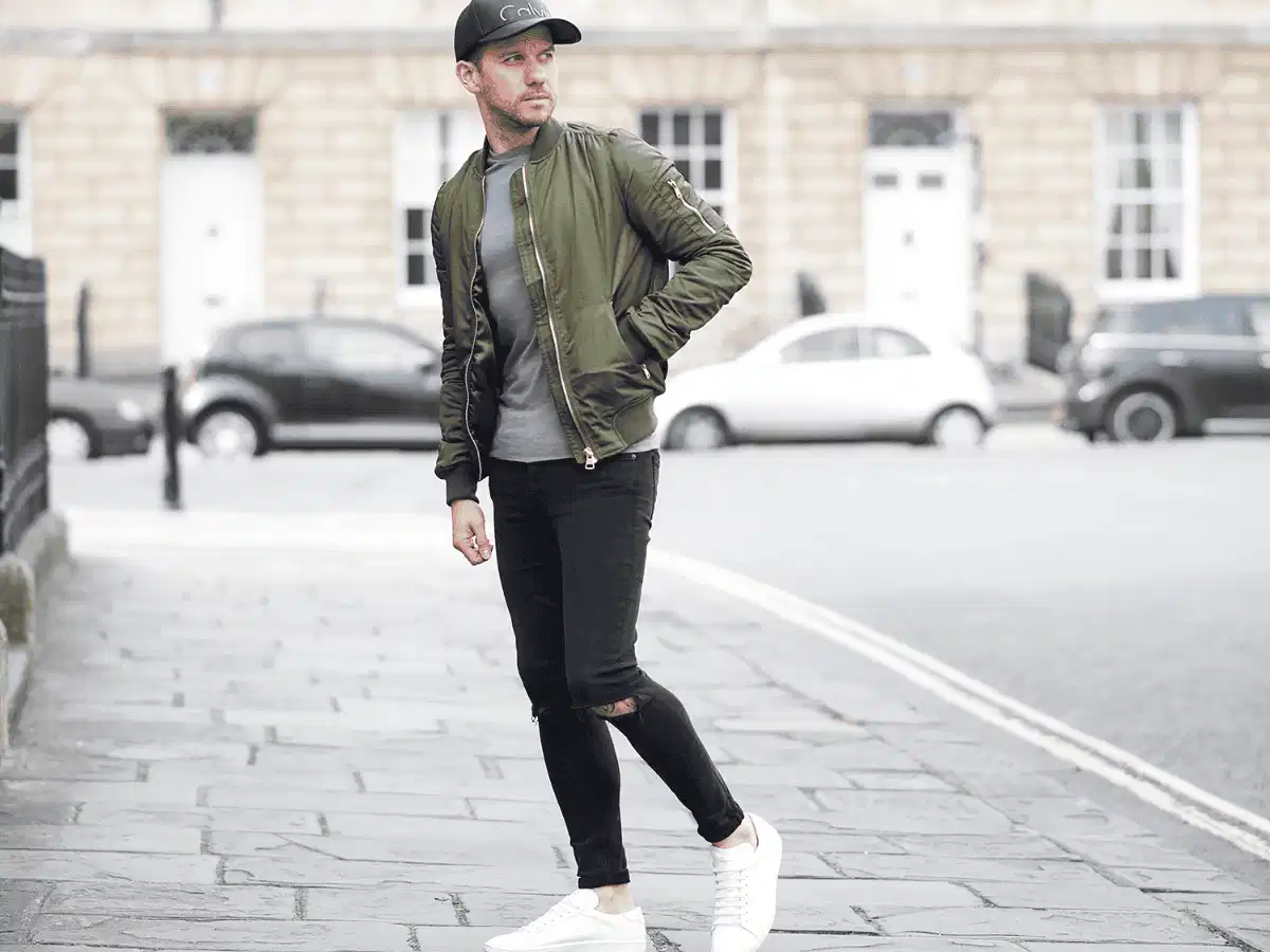 Quần skinny jean nam phối áo thun và bomber Quần skinny jean nam phối áo thun và bomber