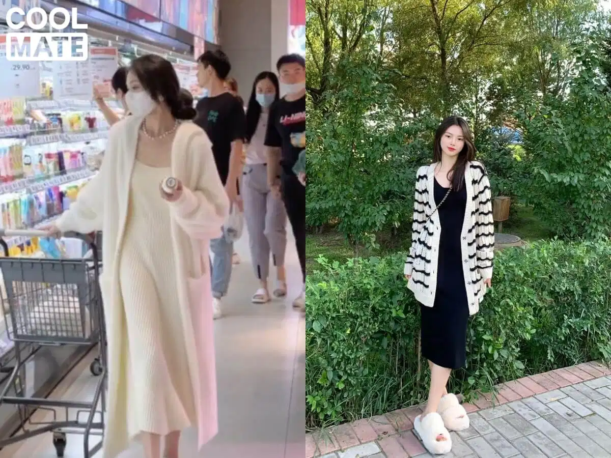 Phối váy liền chiết eo với áo khoác dài mặc mở