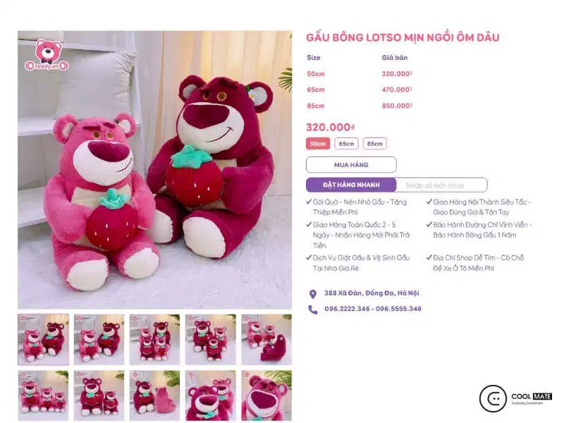 Bề mặt vải lông mềm và chi tiết thêu tỉ mỉ trên gấu dâu