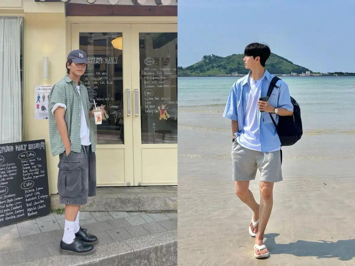Khi đi biển hay nghỉ mát, bạn nên chọn trang phục vừa thoải mái vừa thư giãn Set đồ short xám đi biển phong cách resort nam