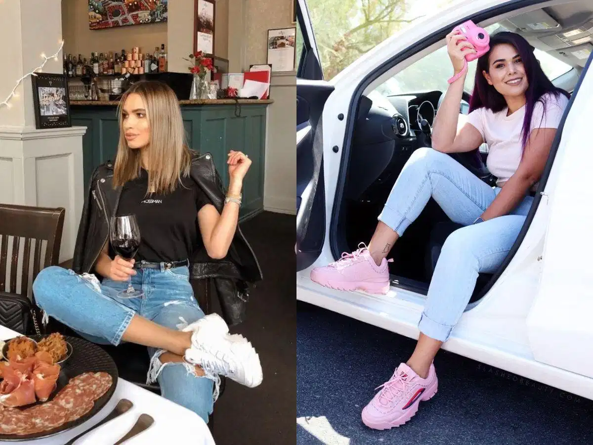 Phối áo thun với quần jeans và giày Fila nữ