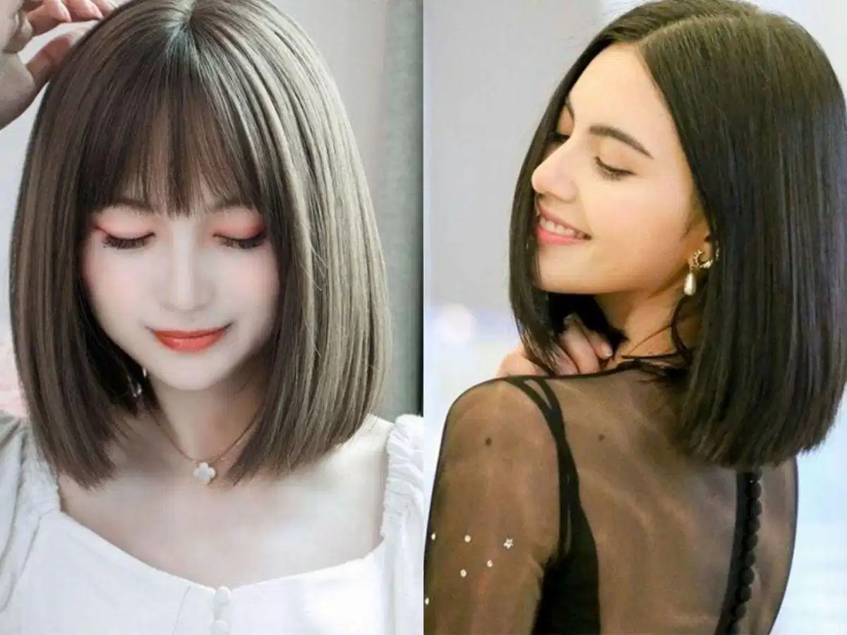 Tóc ngắn duỗi thẳng rẽ ngôi lệch cho nữ mặt tròn