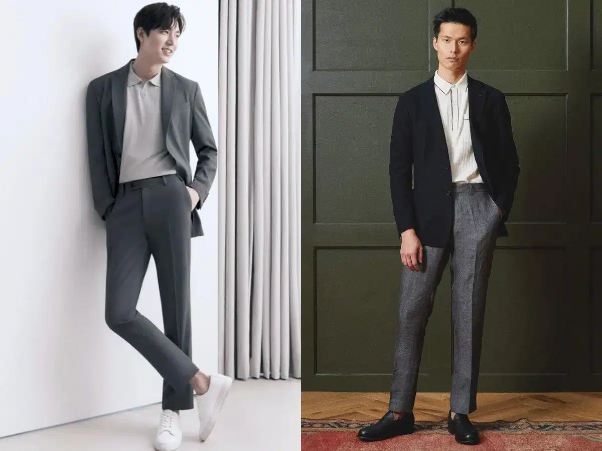 Layer áo polo trắng với blazer và quần chinos Layer áo polo trắng với blazer và quần chinos