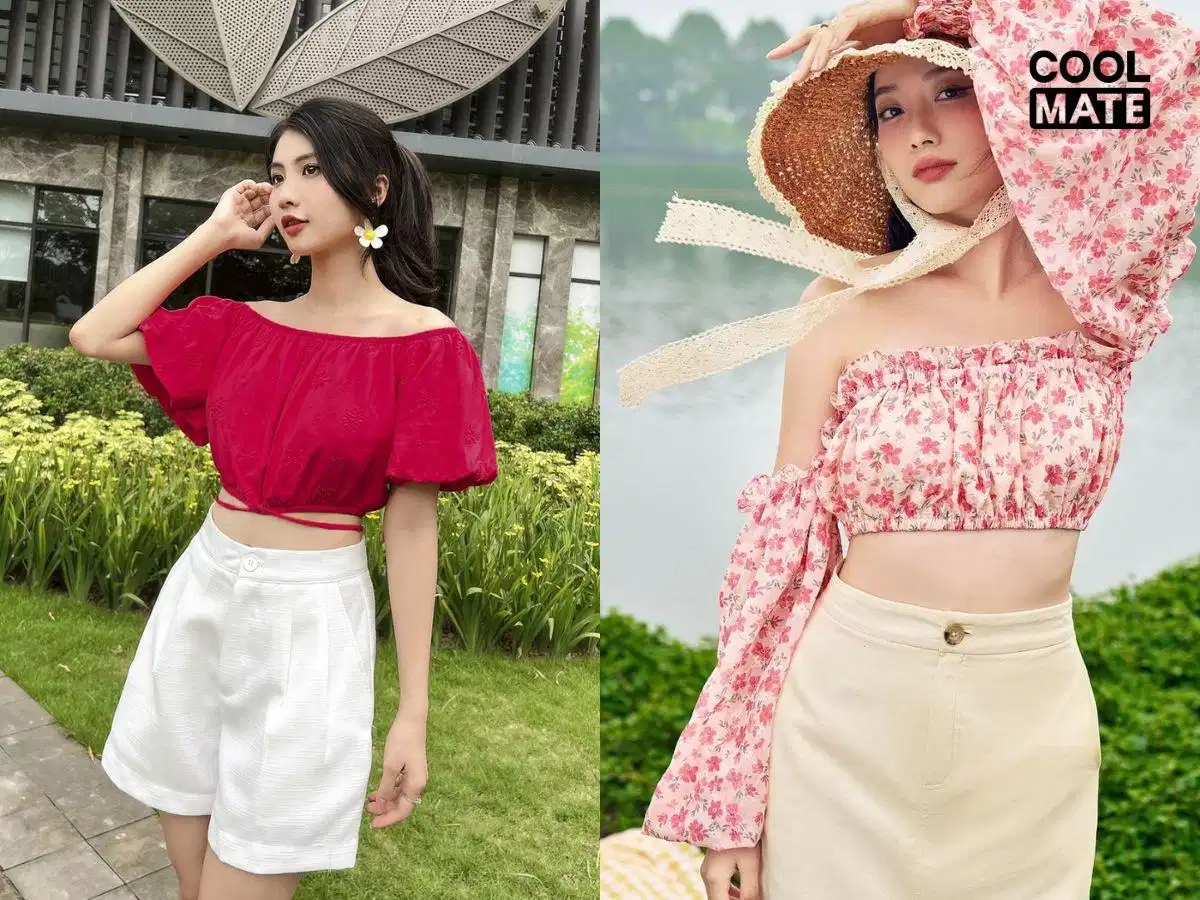 Áo croptop trễ vai họa tiết hoa phối cùng quần short