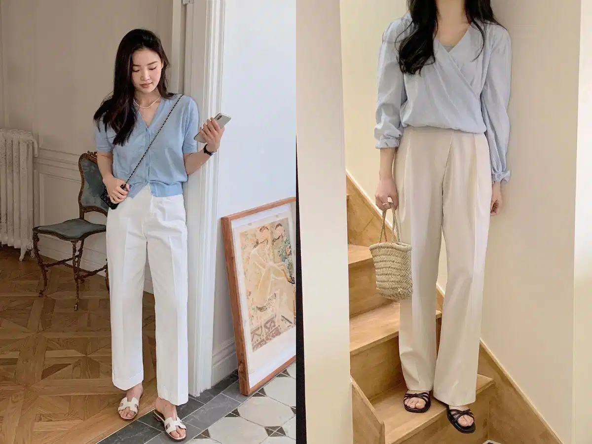 Phối áo blouse cổ V cùng quần âu sáng màu nhã nhặn Phối áo blouse cổ V cùng quần âu sáng màu nhã nhặn
