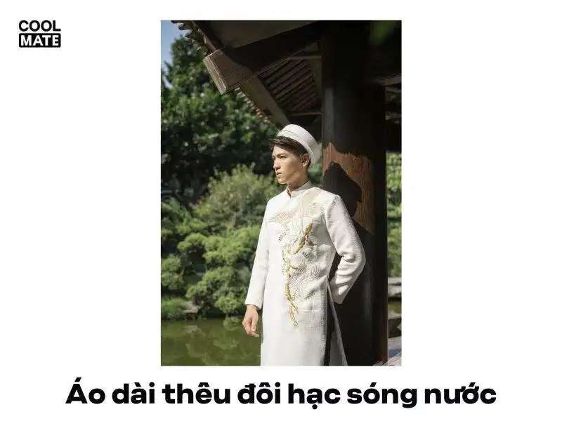 Mẫu áo dài cách tân nam thêu đôi hạc sóng nước Mẫu áo dài cách tân nam thêu đôi hạc sóng nước nghệ thuật