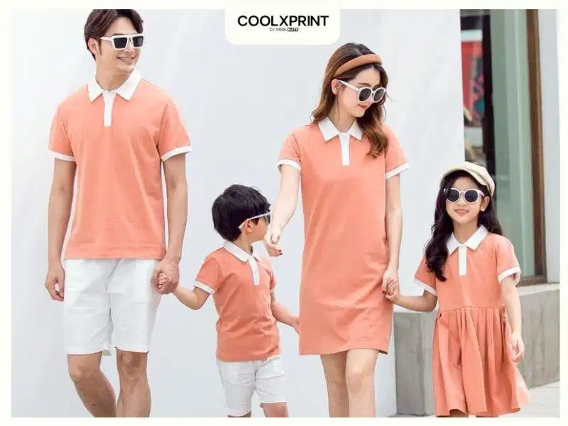 Áo cặp bố con và váy đầm cho mẹ con Đồng phục áo polo kết hợp đầm liền màu trơn cho gia đình