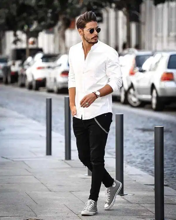 Áo sơ mi phối cùng quần jeans Phối áo sơ mi Hàn Quốc cùng quần jeans ống đứng năng động