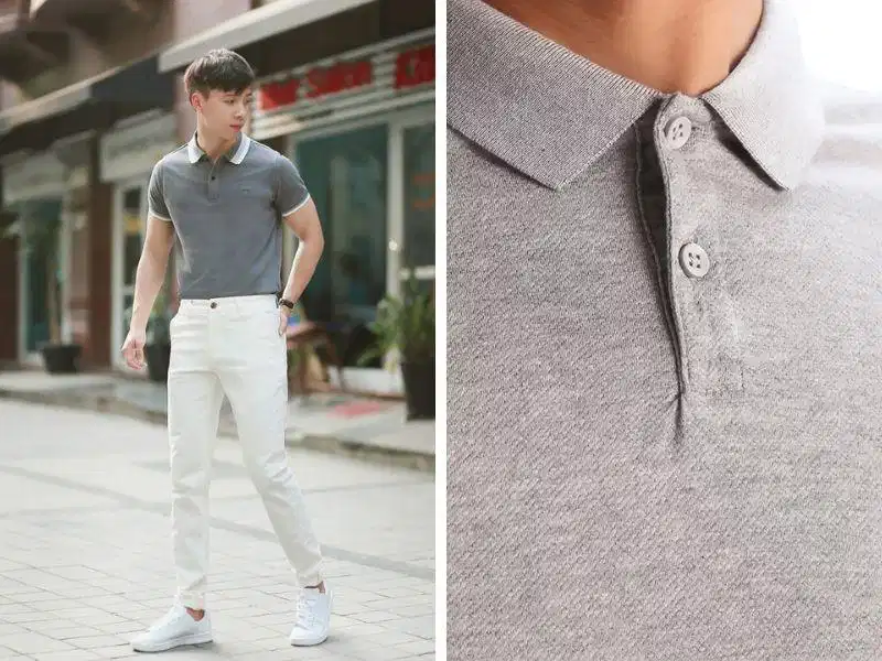 Polo màu ghi và quần trắng Áo polo ghi phối cùng quần trắng nhã nhặn