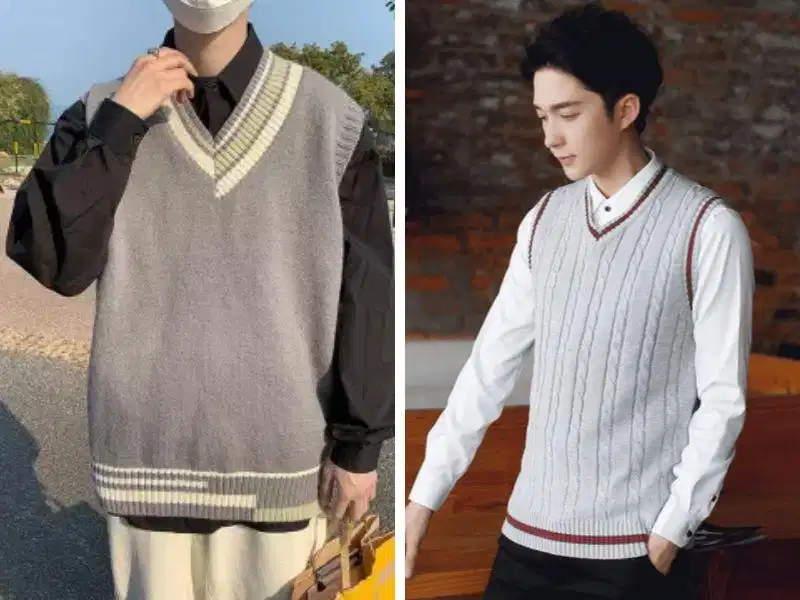 Gile len ghi layer sơ mi phong cách vintage Áo gile len ghi mặc ngoài sơ mi