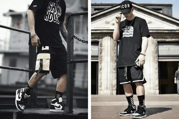 Bản phối All-Black cá tính cùng sneaker cổ cao Outfit all-black với quần short túi hộp và giày sneaker cổ cao hầm hố