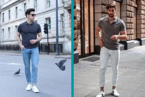 Áo polo xám kết hợp cùng quần jeans