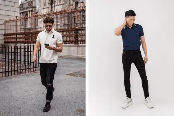 meo-dien-ao-polo-cho-nam-qua-co Quần jeans phom ôm phối cùng áo polo cá tính