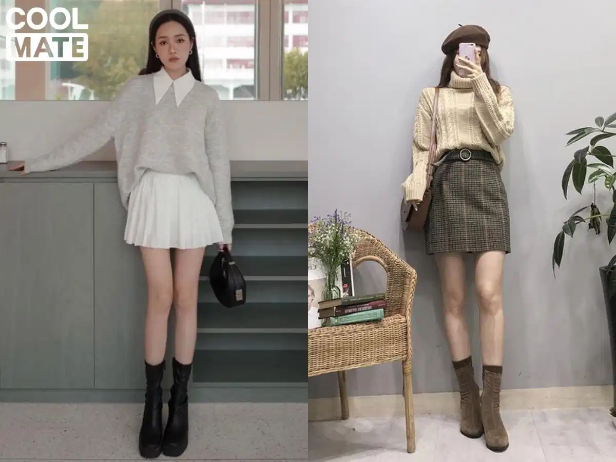 Phối áo len mỏng với chân váy cạp cao cho mùa đông
