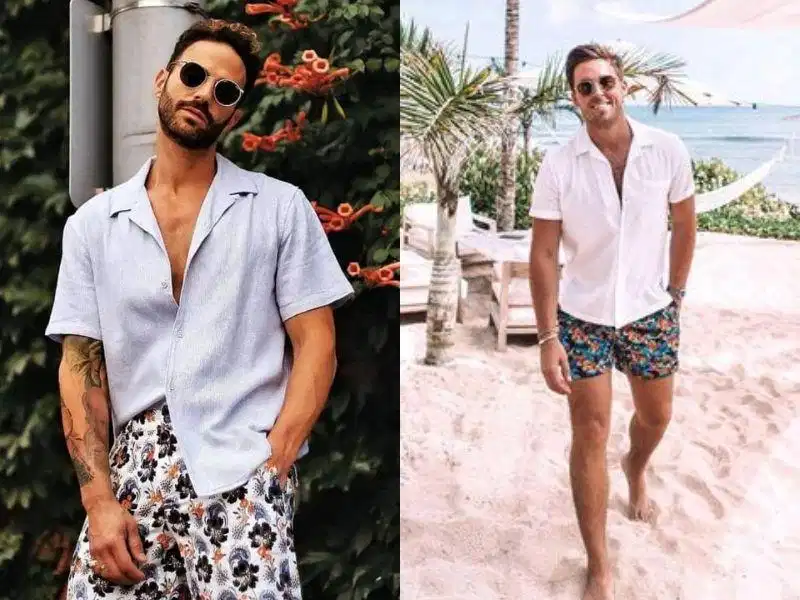 Áo sơ mi trắng linen và quần short Áo sơ mi trắng linen kết hợp quần short nam họa tiết