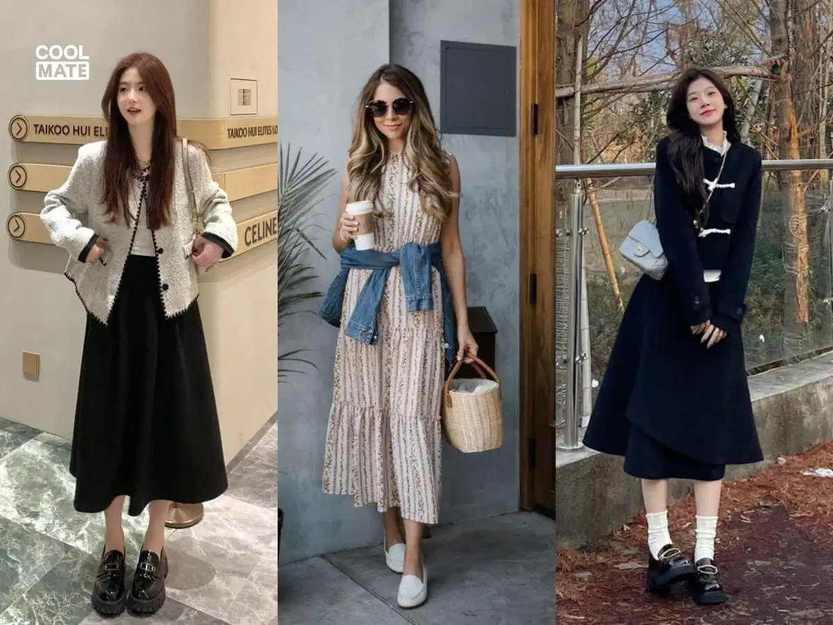 Phối đầm liền thân với giày lười nữ Phối đầm liền thân với giày lười nữ