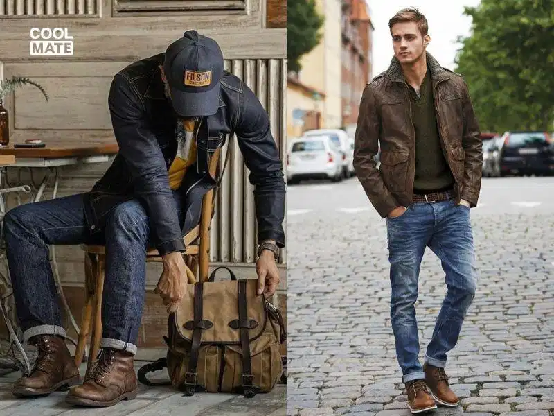 Phối work boots cùng áo khoác da Phối áo khoác da phong trần cùng giày work boots nam