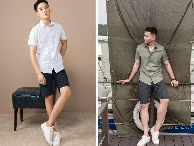 Áo sơ mi ngắn tay cùng quần short chino thoải mái Áo sơ mi ngắn tay cùng quần short chino thoải mái