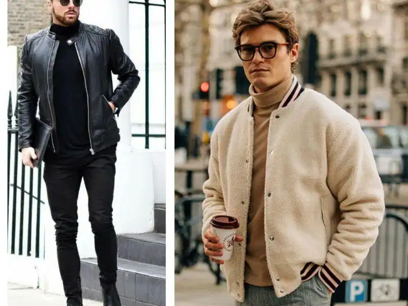 Áo khoác bomber phối cùng áo cổ lọ và quần jeans đen Áo khoác bomber phối cùng áo cổ lọ và quần jeans đen