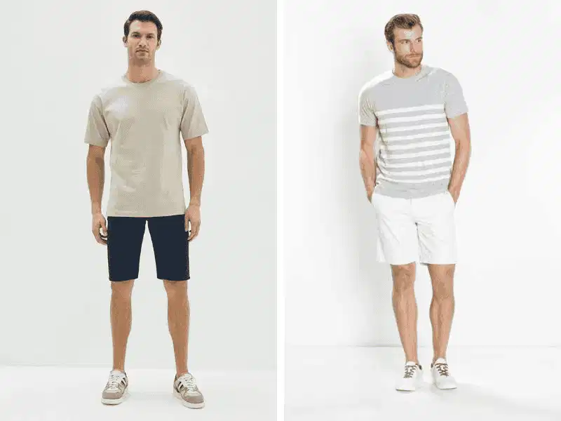 Áo thun cổ tròn trơn phối cùng quần short kaki