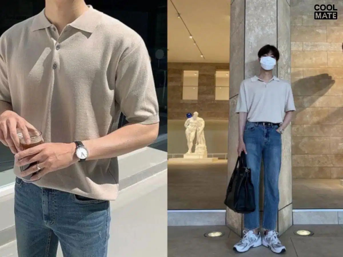 Phối áo polo nam tay lỡ với quần jeans ống đứng Phối áo polo nam tay lỡ với quần jeans ống đứng