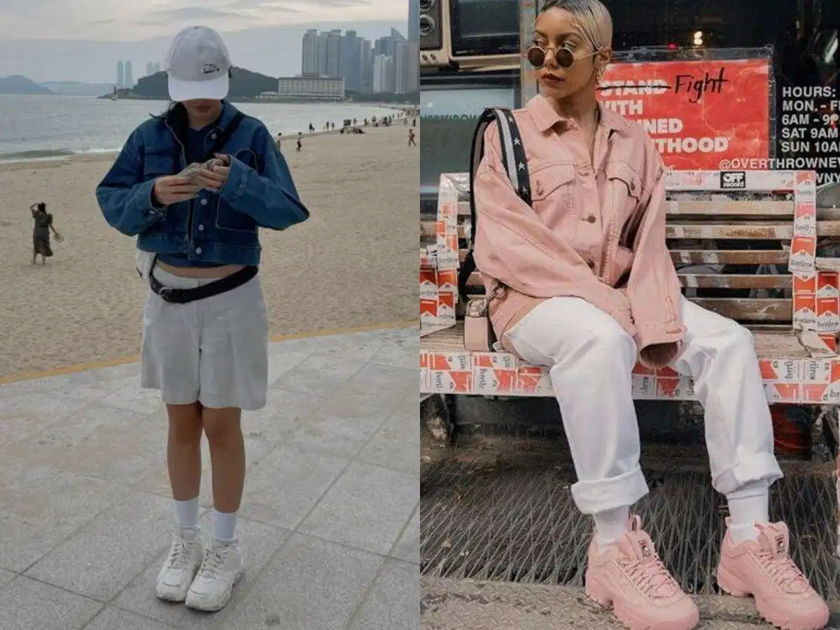 Áo khoác denim phối cùng giày Fila nữ