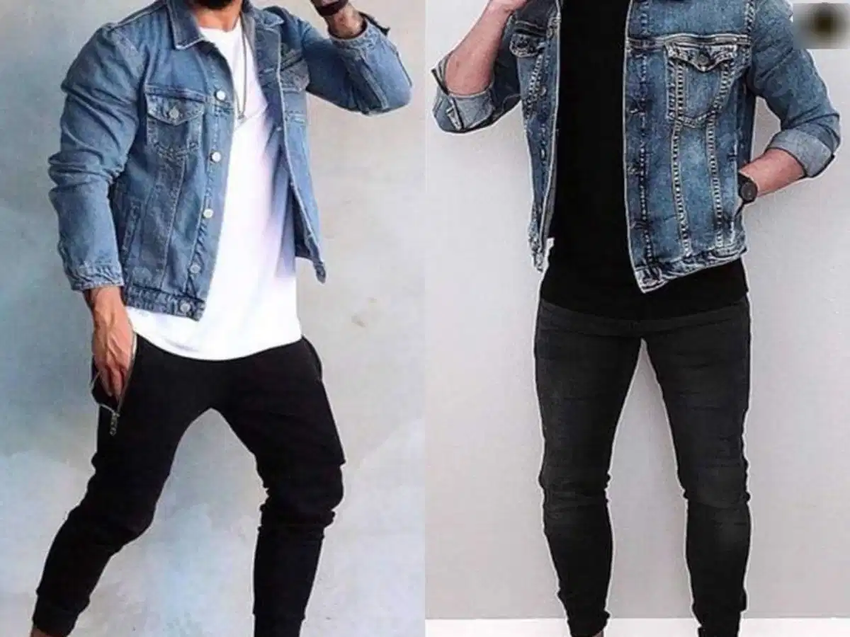 Layering áo khoác jeans cùng hoodie cho nam Áo khoác jeans phối ngoài hoodie xám và quần jogger đen phong cách streetwear
