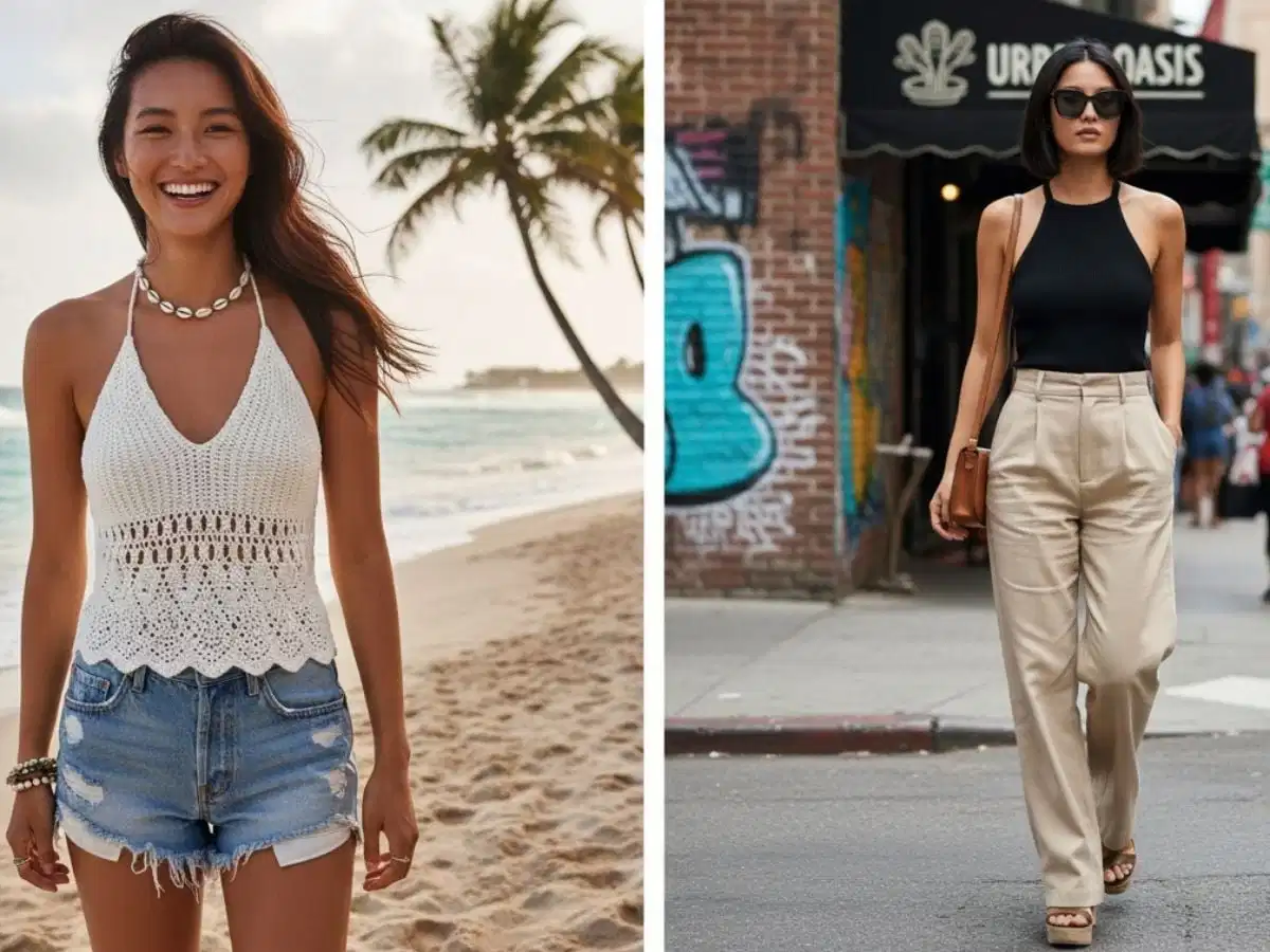 Áo halter tank top nữ trong trang phục dạo phố