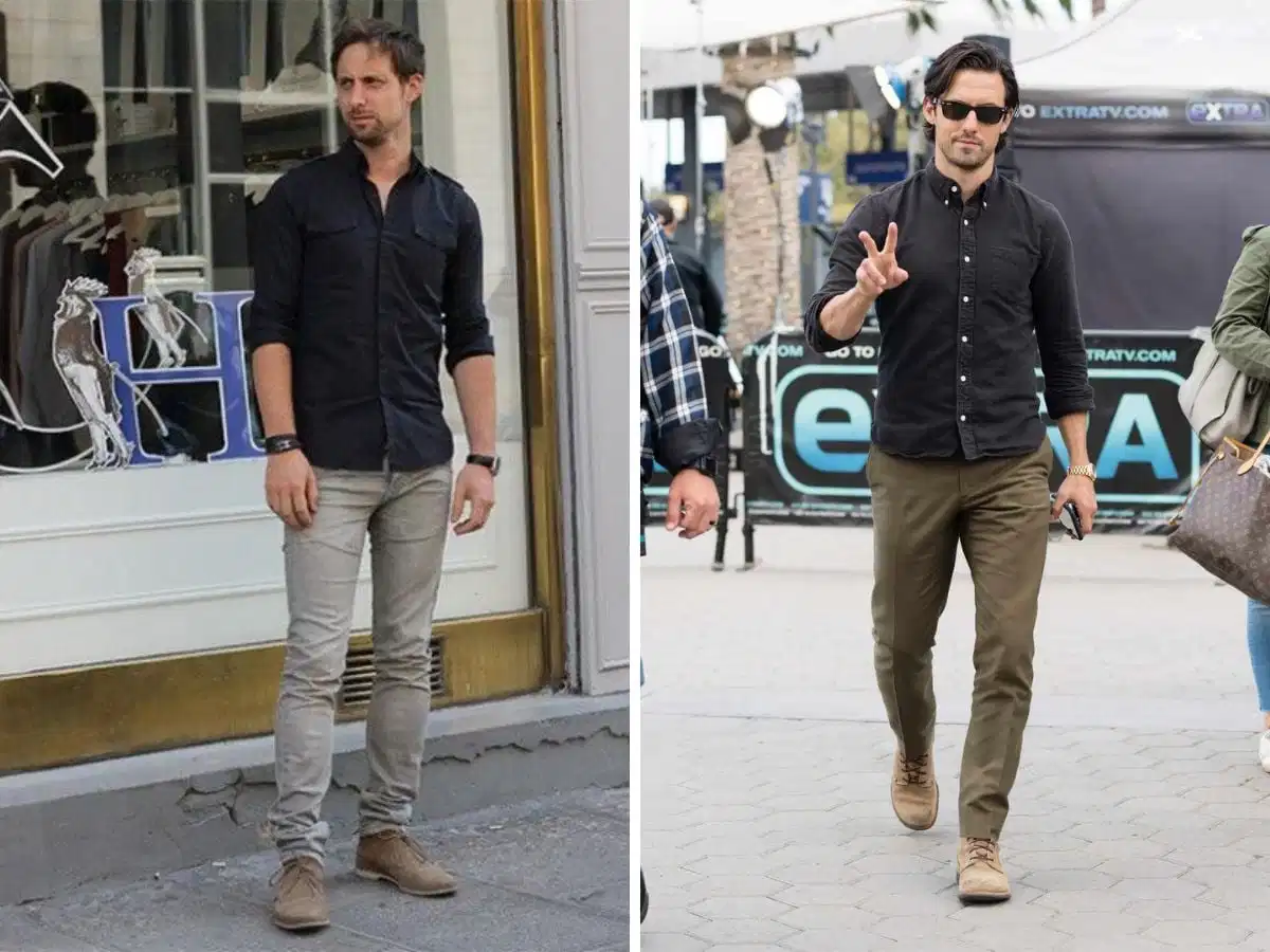 Phối Chukka boots với quần chinos và áo sơ mi Phối Chukka boots với quần chinos và áo sơ mi