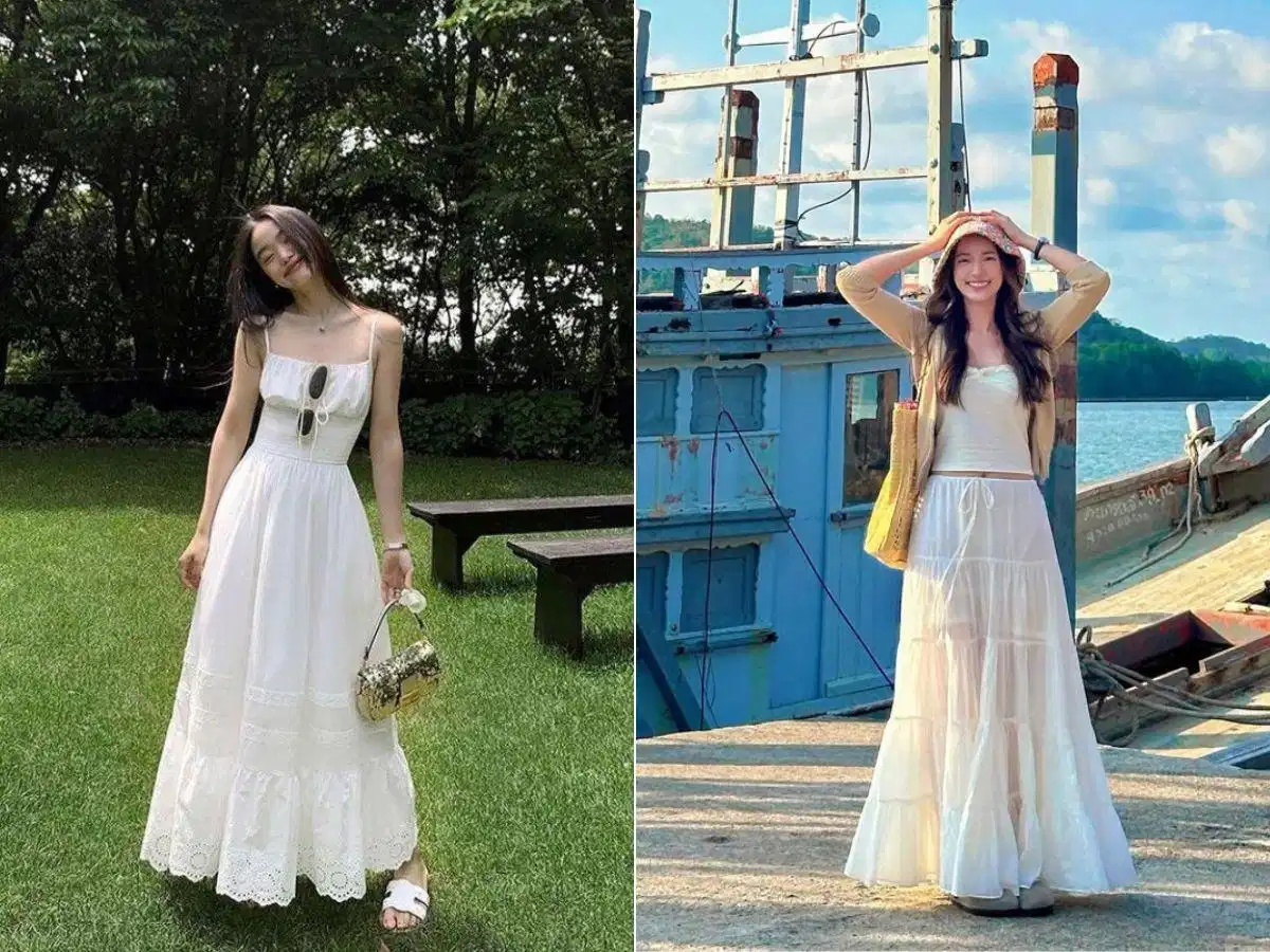 Outfit đầm suông màu be phối sandal