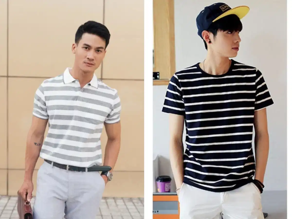 Áo thun sọc ngang kẻ xanh navy phối quần kaki