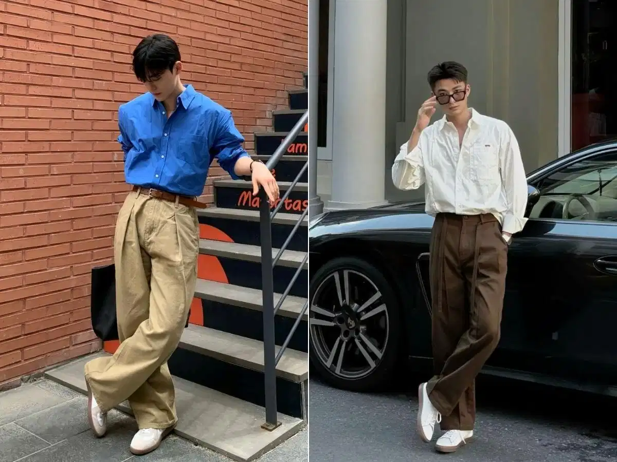 Quần chinos ống rộng phối cùng giày thể thao Quần chinos ống rộng phối cùng giày thể thao