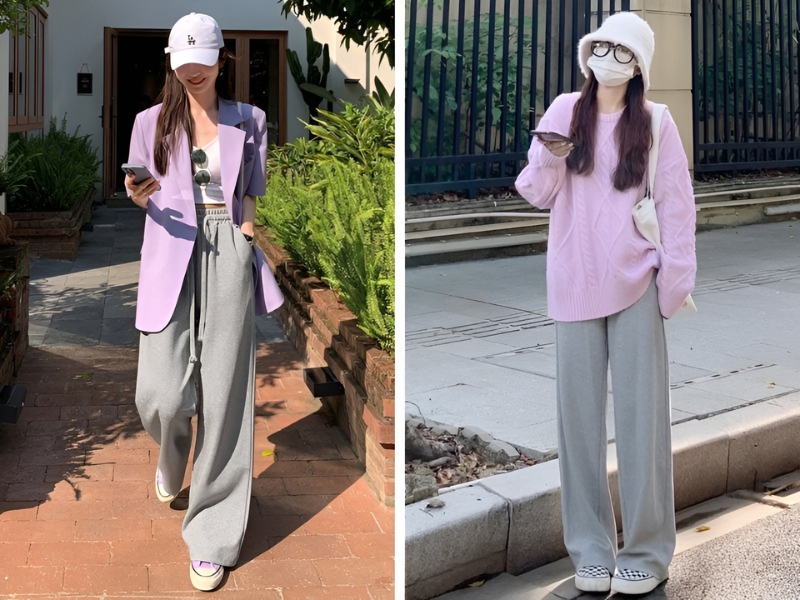 Outfit màu xám phối tím lavender hoặc tím pastel