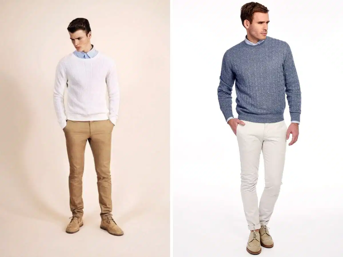Phối Chukka boots với áo len và quần tây Phối Chukka boots với áo len và quần tây