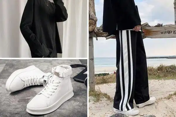 Outfit quần với giày cổ cao Quần kẻ sọc bản lớn kết hợp cùng giày cổ cao