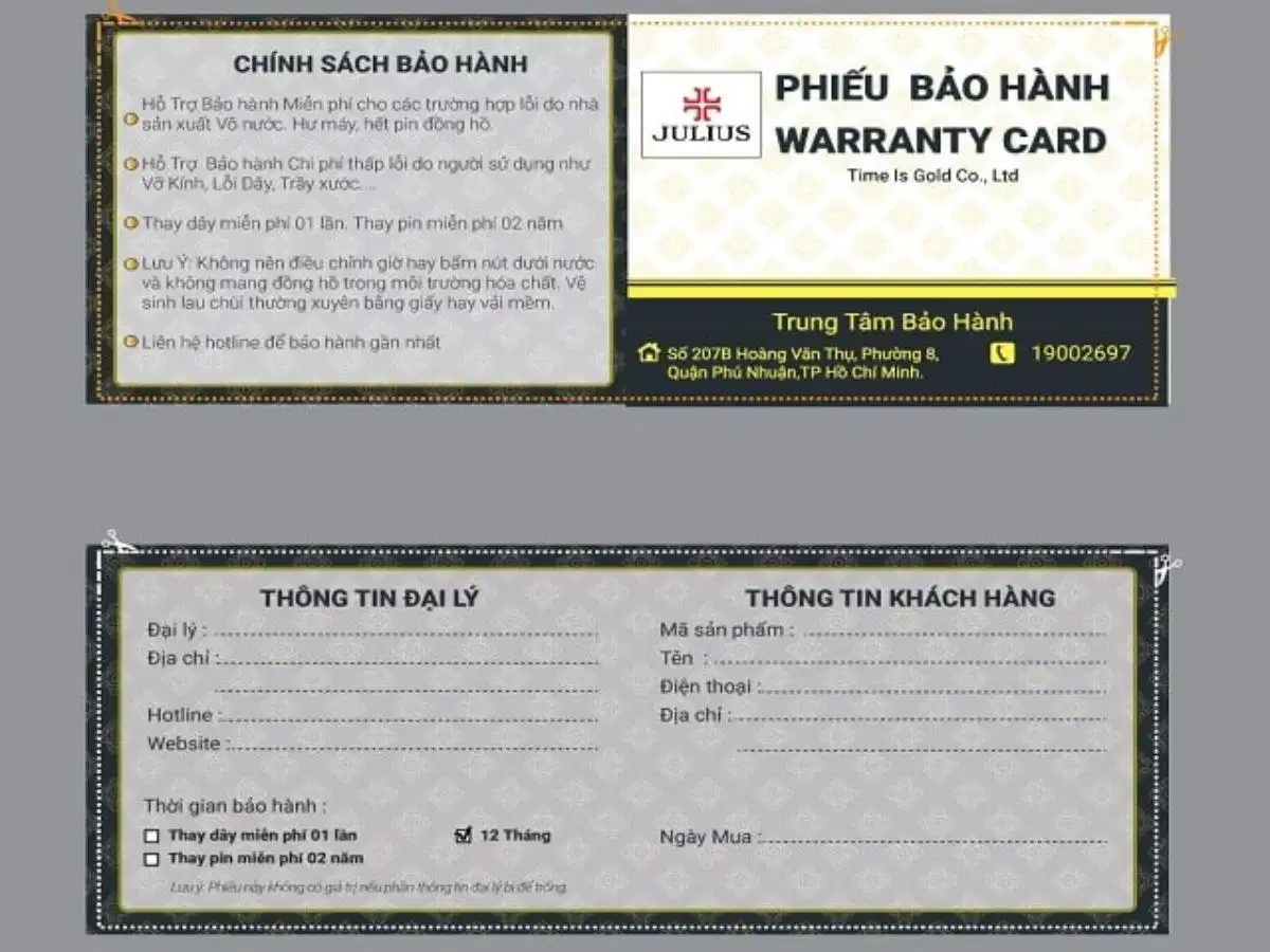 Phiếu bảo hành đồng hồ Phiếu bảo hành đồng hồ