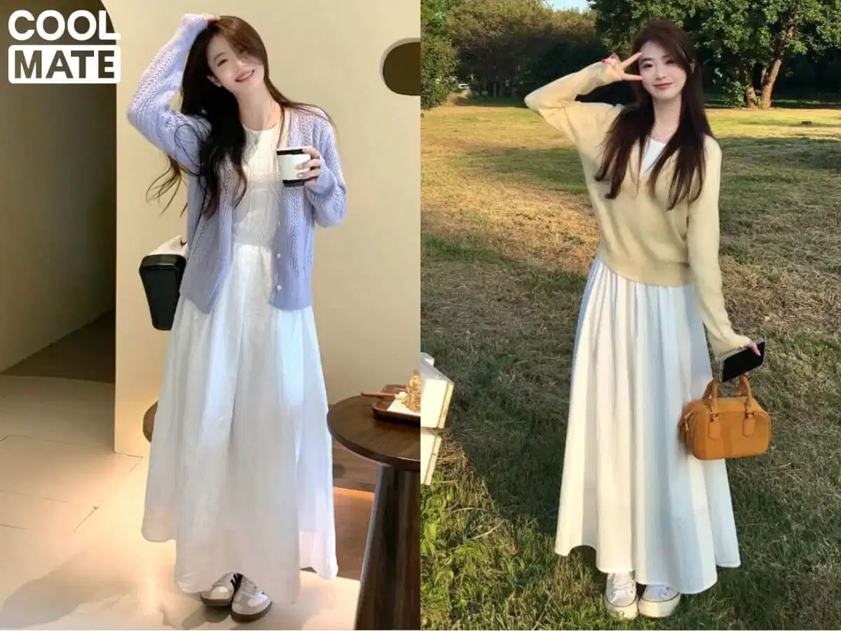 Phối cardigan dáng ngắn với đầm maxi hoặc chân váy dài