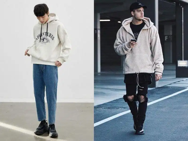 Áo hoodie form rộng nam phối cùng sneaker Phối áo hoodie form rộng với giày sneaker thể thao nam
