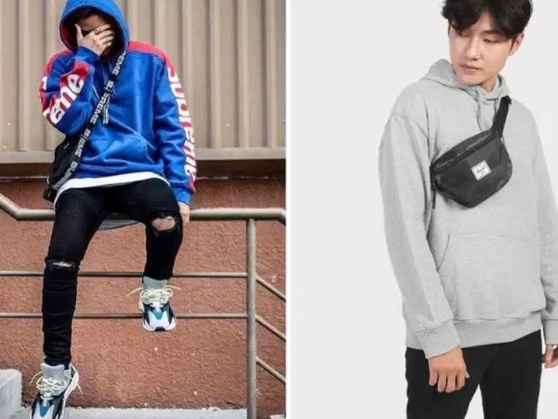 Phối áo hoodie form rộng nam cùng túi đeo chéo Áo hoodie nam form rộng kết hợp túi đeo chéo cá tính