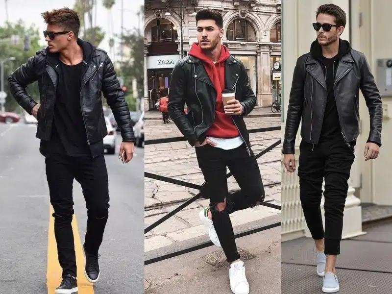 Áo hoodie form rộng phối cùng áo khoác da nam Áo hoodie form rộng nam phối cùng áo khoác da phong cách biker