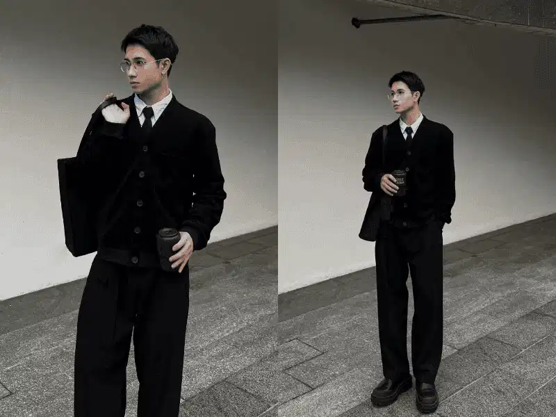 Cardigan len phối sơ mi lịch sự