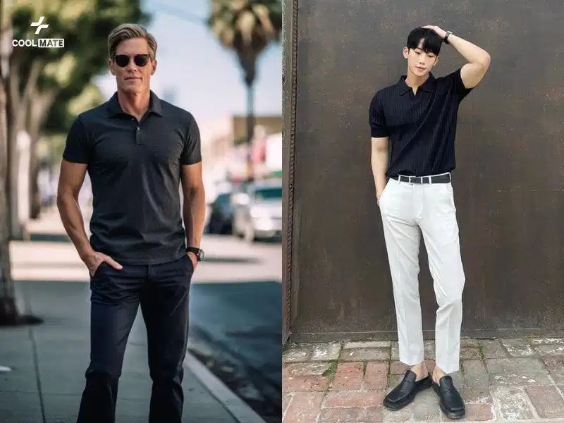 Áo polo đen nam kết hợp cùng quần chinos cá tính