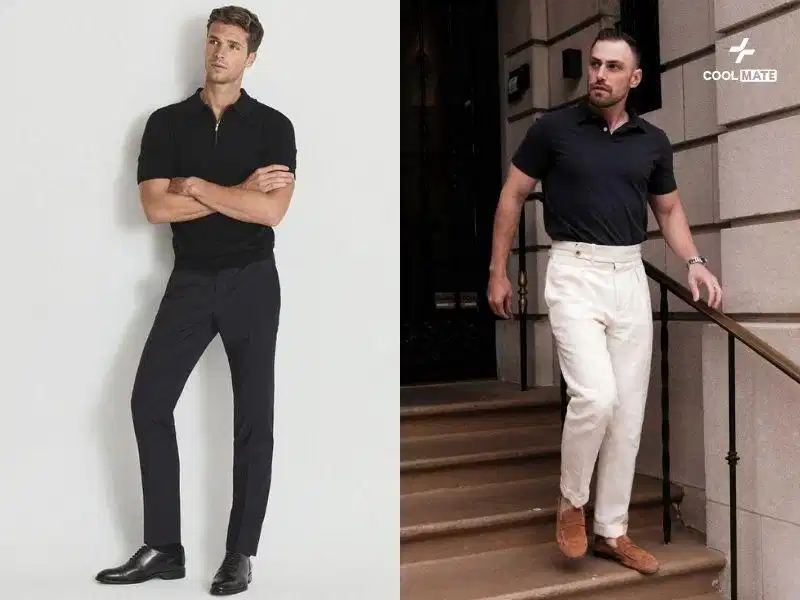 Sơ vin áo polo đen với quần âu tạo tỷ lệ cân đối