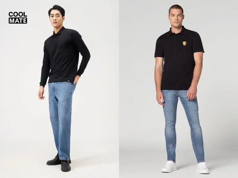Áo polo đen phối cùng quần jeans xanh cổ điển