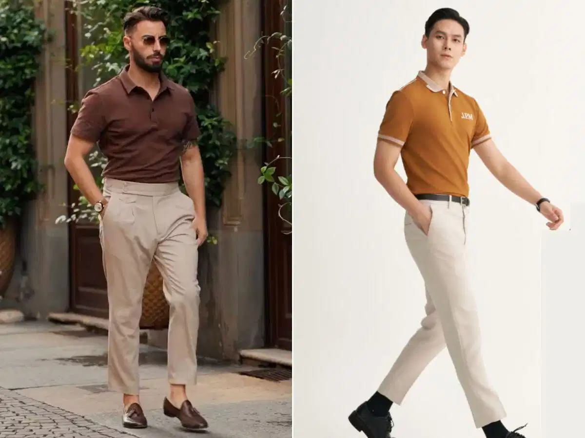 Áo polo màu nâu kết hợp cùng quần chinos màu be Phối áo polo màu nâu và quần chinos màu be sáng