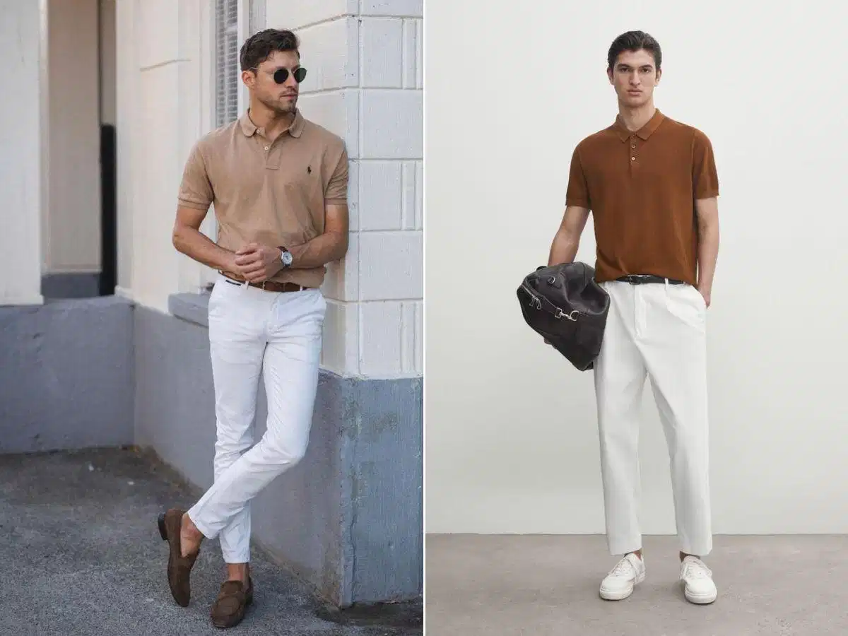 Áo polo nâu kết hợp cùng quần trắng Phối áo polo màu nâu nam và quần jeans trắng tương phản
