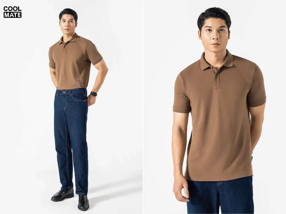 Áo polo màu nâu nam kết hợp quần jeans Phối áo polo màu nâu nam với quần jeans xanh cá tính