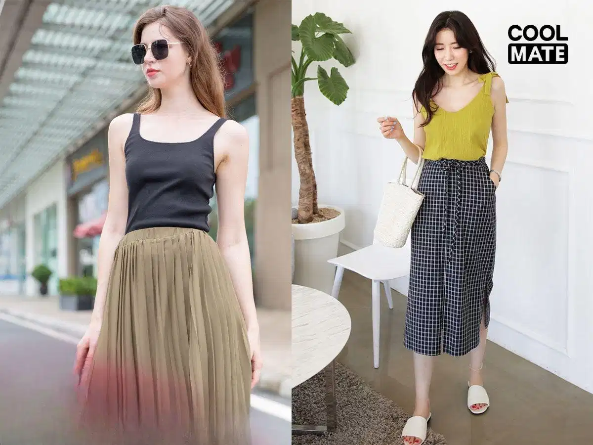 Áo singlet hai dây phối chân váy midi và cardigan mỏng Áo singlet hai dây phối chân váy midi và cardigan mỏng