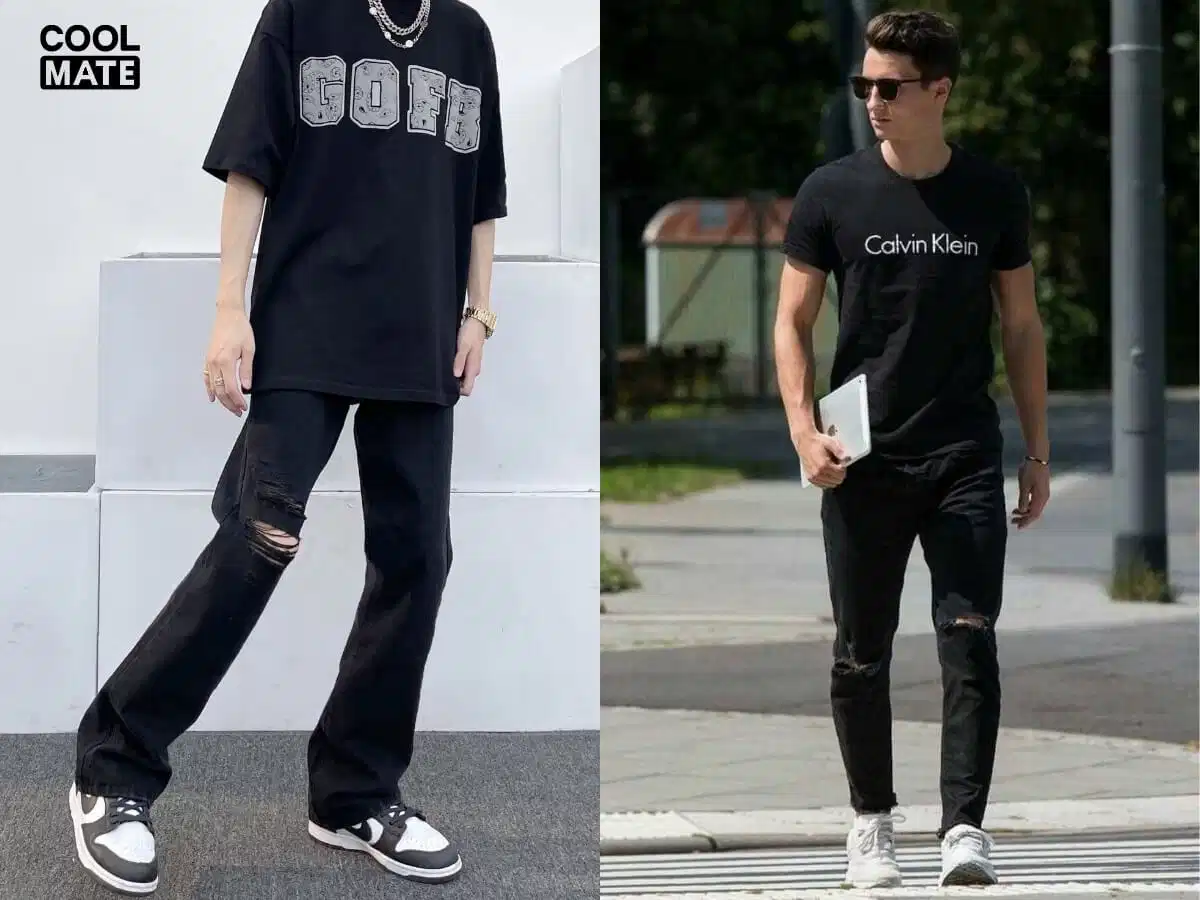 Áo thun đen và quần jeans baggy cá tính Phối áo thun đen dáng rộng cùng quần jeans baggy rách gối
