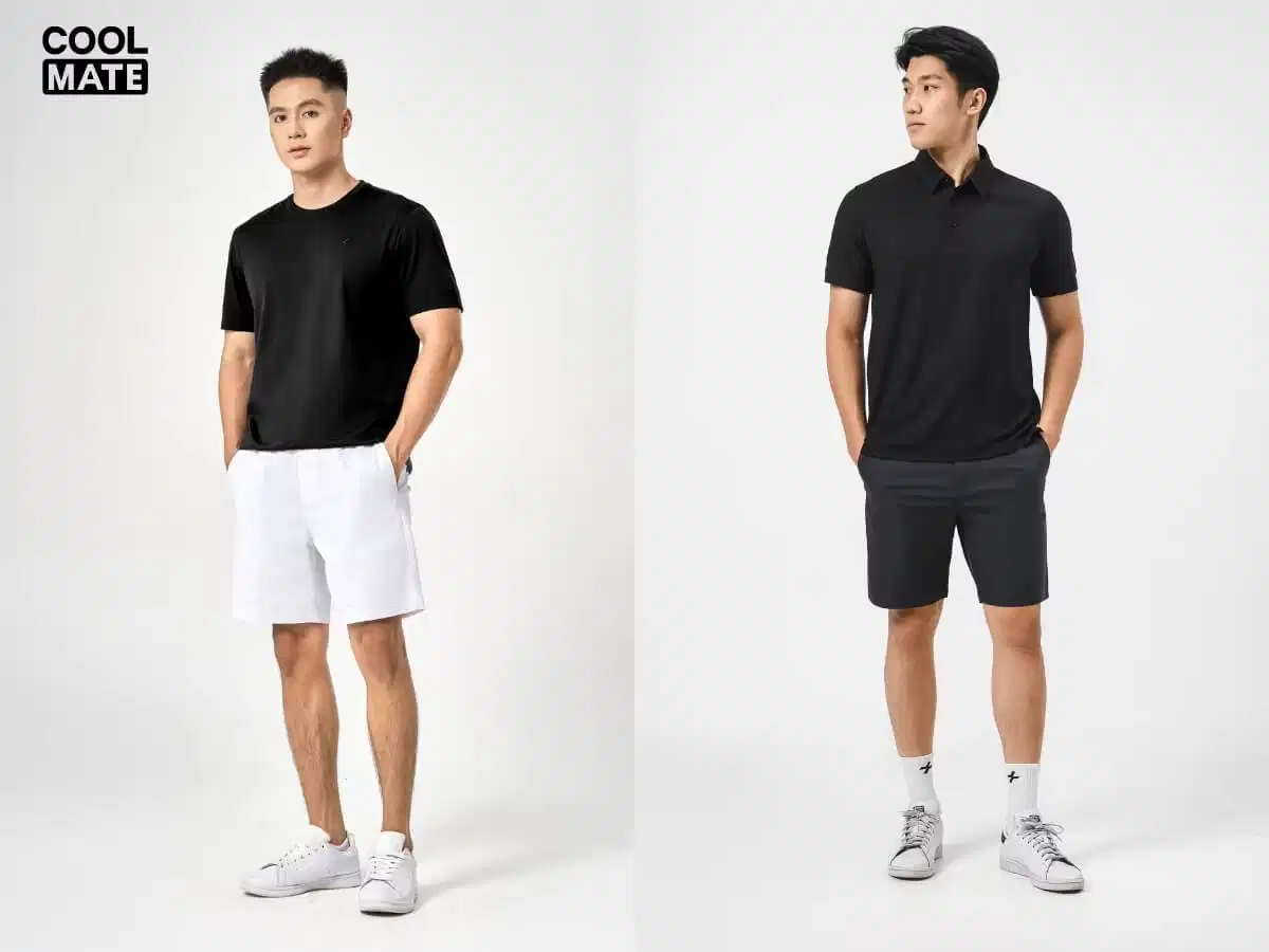 Áo thun đen phối quần short kaki Phối áo thun đen cùng quần short kaki ngắn trên gối